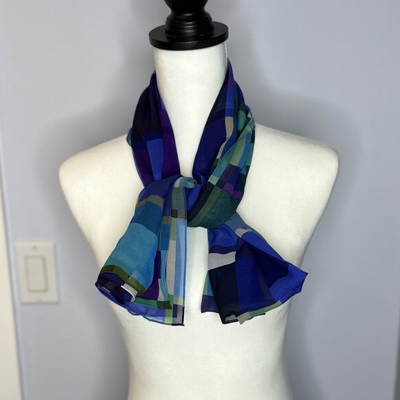 Designer scarf. Chiffon 100% silk. Blues/purple/teal. Lightweight. Beautiful - Picture 2 of 5